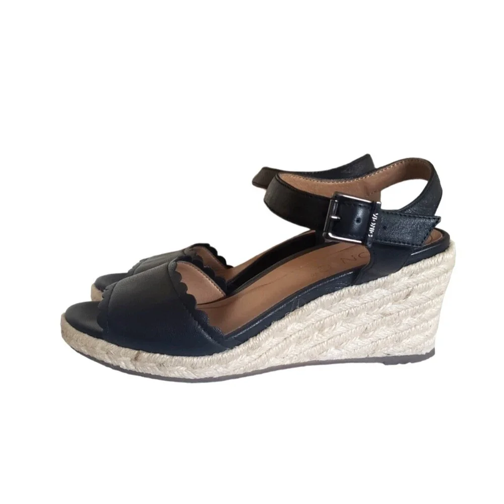 Vionic Stephany Black Leather Espadrille Wedges Women's Size 5